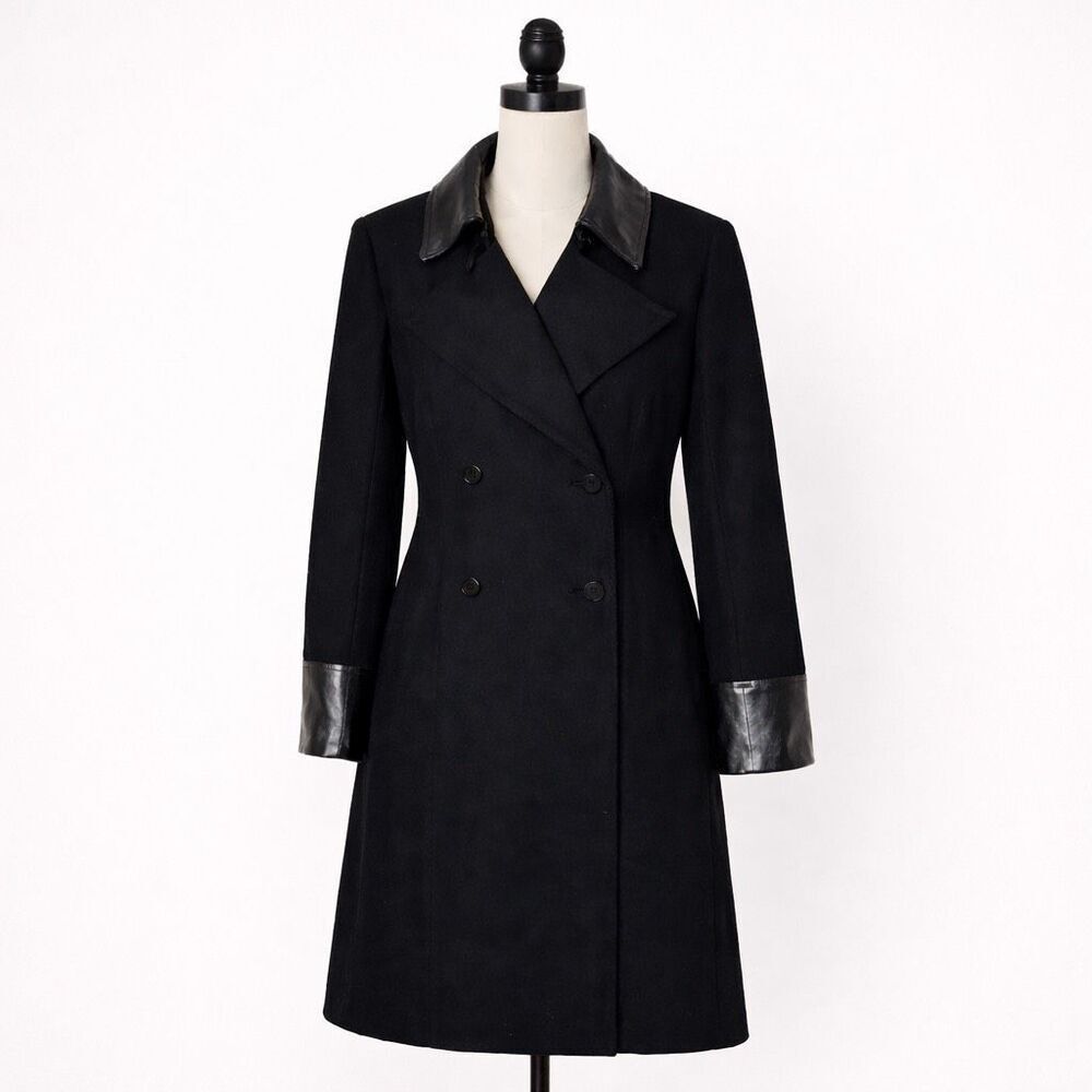 Dolce & Gabbana Wool Peacoat Leather Trim Black Coat XS Vintage